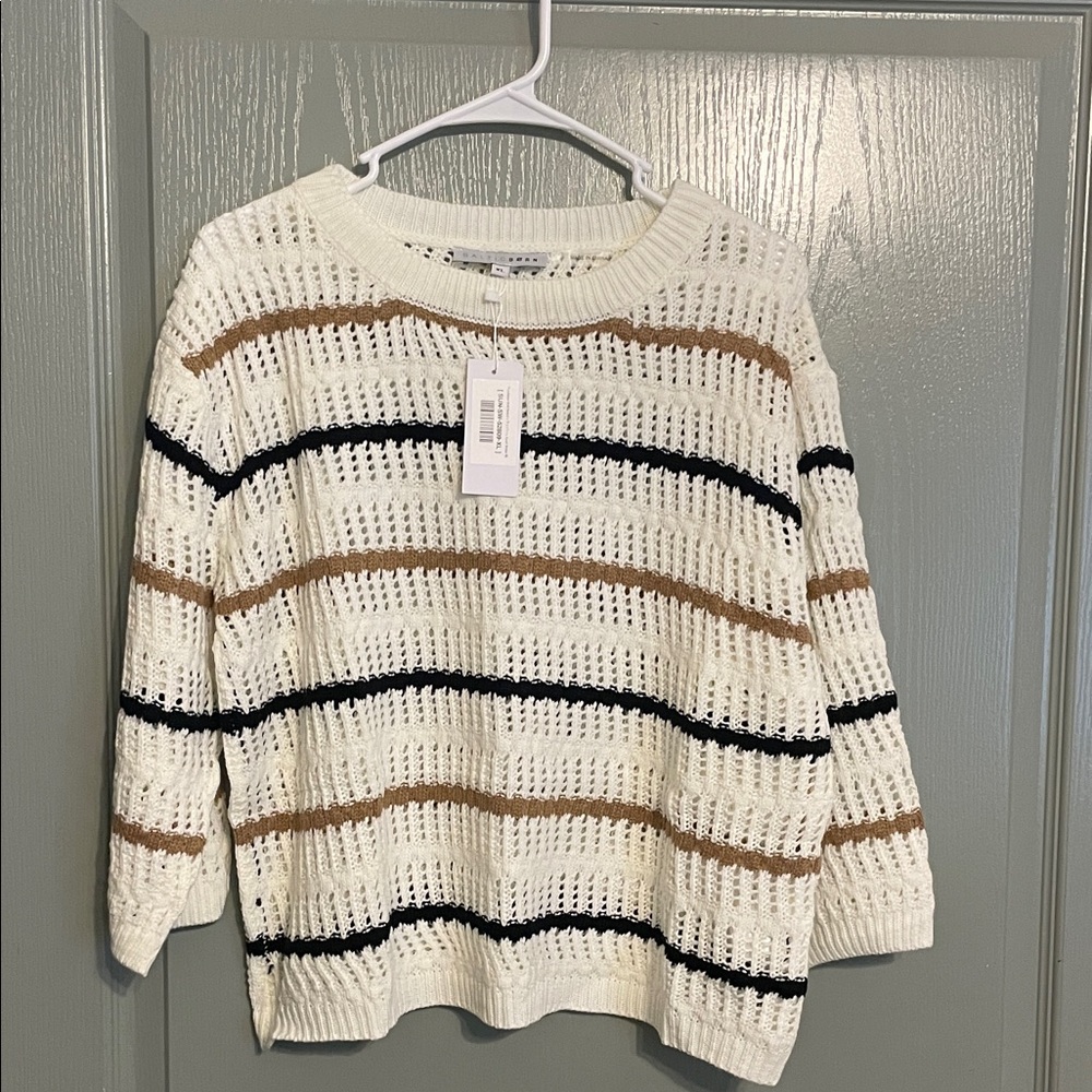 Baltic Born Striped Open-Knit Sweater in Cream, Tan, and Black
